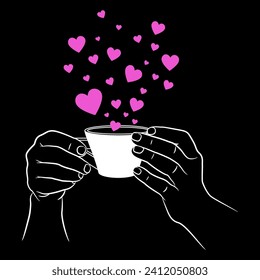 Two human hands holding a cup of coffee or tea with a cloud of pink heart symbols. Romantic merry Valentine's Day design. 
On black background.