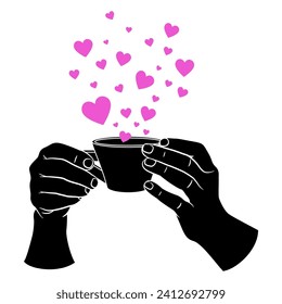 Zwei menschliche Hände, die eine Tasse Kaffee oder Tee mit einer Wolke rosafarbener Herzsymbole halten. Romantisches Valentinstag-Design. Einzige Vektorgrafik.