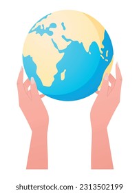 Two human hands holding a globe. The concept of saving the planet Earth and nature conservation. Vector isolated flat illustration.