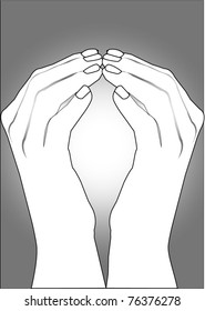Two human hands holding a glowing ball, vector image on a gray background