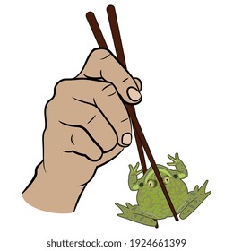 Two human hands holding green frog or toad with chopsticks. Funny concept for exotic food.