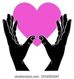 Two human hands holding heart symbol. Creative romantic concept. Valentine's day design.