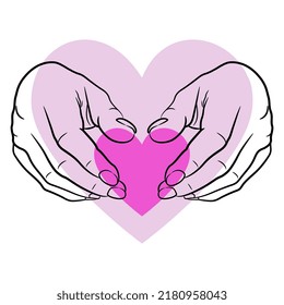 Two human hands holding heart symbol. Romantic concept. Love design. Isolated vector illustration. St. Valentine's Day emblem.