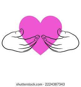 Two human hands holding heart shape symbol. Valentine Day design. Romantic love symbol. Isolated vector illustration.
