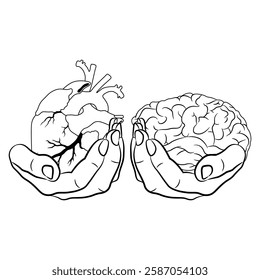 Two human hands holding heart and brain. Juxtaposition of reason and emotions. Creative philosophical concept. Black and white linear silhouette.