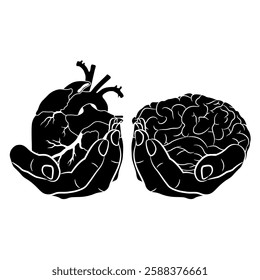 Two human hands holding heart and brain. Juxtaposition of reason and emotions. Creative philosophical concept. Black and white silhouette.