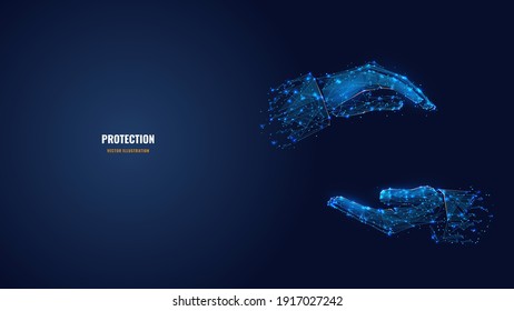 Two human hands holding or hugging something in dark blue. Abstract vector 3d arm, palm wireframe looks like starry sky. Hand gesture concept. Digital low poly mesh with dots, lines and shapes 
