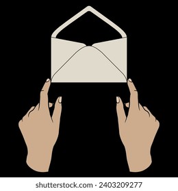 Two human hands holding an open paper envelope. On black background.