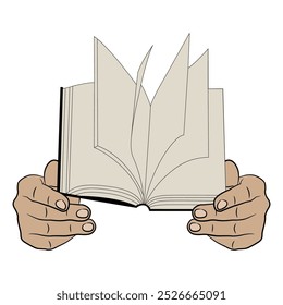 Two human hands holding an open book. Emblem of reading and education. Isolated vector illustration.