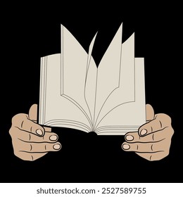 Two human hands holding an open book. Emblem of reading and education. On black background.