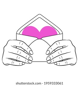 Two human hands holding paper envelope with heart symbol inside. Romantic Valentine's Day love concept. Monochrome silhouette. Isolated vector illustration.
