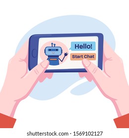 Two human hands holding phone, smartphone in horizontal position with cute robot chatbot offering to start a chat, virtual assistant, customer support concept, flat style vector illustration