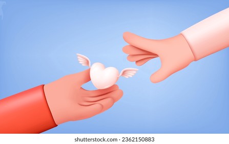 dos manos humanas sosteniendo un corazón de porcelana rosada con alas. Para una postal o afiche de contenido romántico, imágenes 3d , ilustración vectorial.