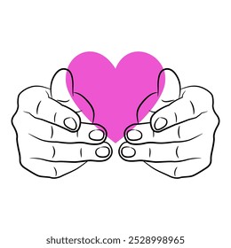 Two human hands holding a pink heart symbol. Romantic love emblem. Valentine Day design.