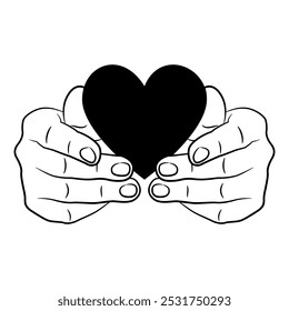 Two human hands holding a pink heart symbol. Romantic love emblem. Valentine Day design. Black and white silhouette