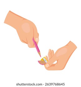 Two human hands holding a pink pencil and yellow sharpener, cartoon style on white background. Concept of school supplies usage. Vector illustration