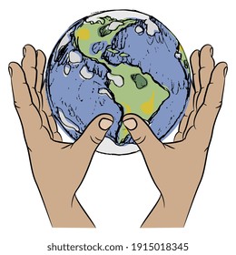 Two human hands holding planet Earth. Creative environmental concept.