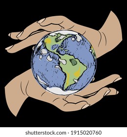Two human hands holding planet Earth. Creative environmental concept.