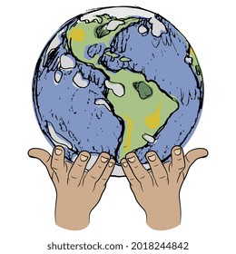 Dos manos humanas sujetando el planeta Tierra. Concepto ambiental creativo. Ilustración vectorial aislada.