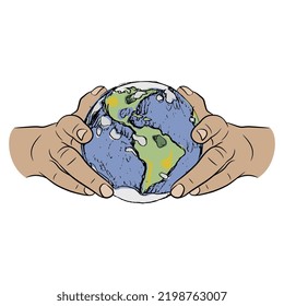 Two human hands holding planet Earth. Creative environmental concept. Isolated vector illustration.