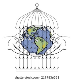 Two human hands holding planet earth inside iron birdcage. Creative concept. Freedom and protection. Isolated vector illustration.