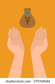 Two human hands holding a pouch of money with a japanese yen sign. Business, finance, saving money concept. Isolated vector illustration flat design.
