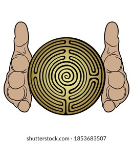 Two human hands holding round spiral golden maze or labyrinth symbol between them. Creative spiritual concept for knowledge.