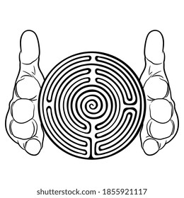 Two human hands holding round spiral maze or labyrinth symbol between them. Creative spiritual concept for knowledge. Black and white silhouette