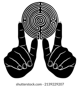 Two human hands holding round spiral maze or labyrinth symbol. Creative concept for challenge and hidden knowledge. Black and white silhouette.