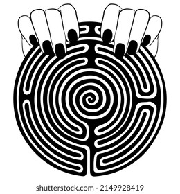 Two human hands holding a round spiral maze or labyrinth symbol. Creative concept for enigma and challenge. Black and white silhouette.