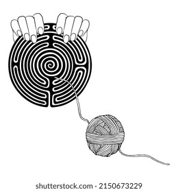 Two human hands holding a round spiral maze or labyrinth symbol and a yarn ball thread leading to it. Ariadne thread. Creative concept for challenge, solution and help. Black and white silhouette.