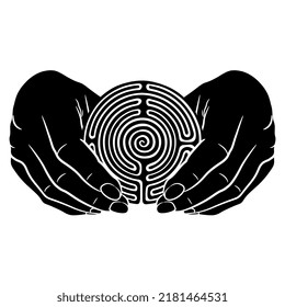 Two human hands holding round spiral maze or labyrinth symbol. Creative concept. Black and white negative silhouette.