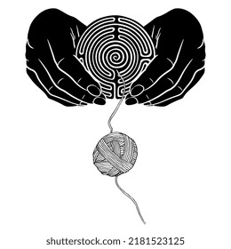 Two human hands holding round spiral maze or labyrinth symbol and a yarn ball. Creative concept. Ariadne's thread. Black and white negative silhouette.