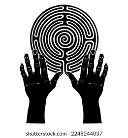 Two human hands holding a round spiral maze or labyrinth symbol. Creative concept. Black and white silhouette.