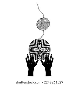 Two human hands holding a round spiral maze or labyrinth symbol and a yarn ball. Ariadne thread. Creative concept. Black and white silhouette.