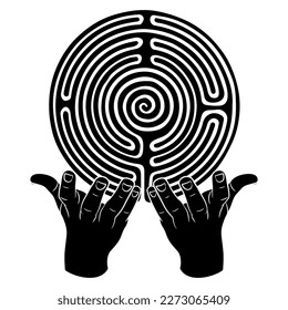 Two human hands holding a round spiral maze or labyrinth symbol. Mystery and knowledge. Philosophical concept. Black and white silhouette.