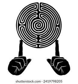 Two human hands holding a round spiral maze or labyrinth symbol. Creative concept for knowledge and mystery. Black and white silhouette.