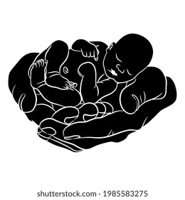 Two human hands holding sleeping newborn baby infant. Black and white negative silhouette. Creative concept. 