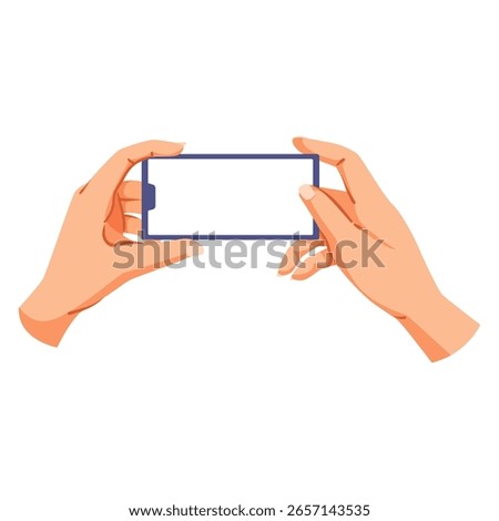 Two human hands holding smartphone in horizontal position, flat graphic style, isolated on white background. Concept of mobile usage. Vector illustration