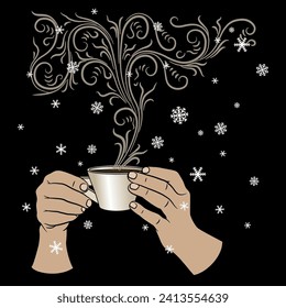 Two human hands holding a steaming cup of coffee or tea under snowflakes. Hot beverage winter design. Cartoon style. Closeup front view. On black background.
