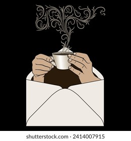 Two human hands holding a steaming cup of coffee or tea inside paper envelope. Creative concept. Takeout hot beverage delivery.
