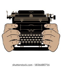 Two human hands holding vintage mechanical typewriter. Creative concept.