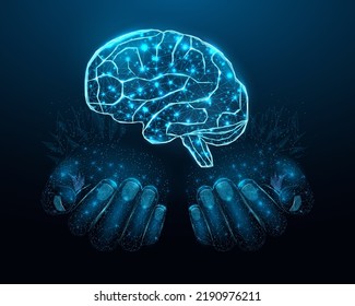 Two human hands are holds human brain. Support healthy brain concept. Wireframe glowing low poly design on dark blue background. Abstract futuristic vector illustration.    