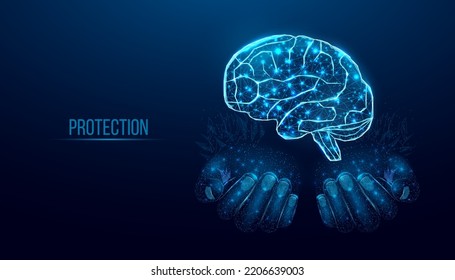 Two Human Hands Are Holds Human Brain. Support Healthy Brain Concept. Wireframe Glowing Low Poly Design On Dark Blue Background. Abstract Futuristic Vector Illustration.