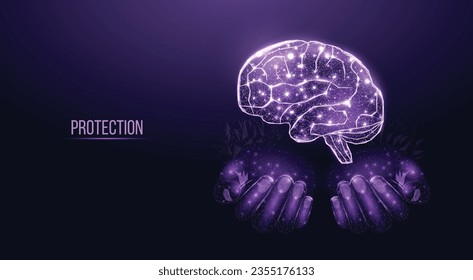 Two human hands are holds human brain. Support healthy brain concept. Wireframe glowing low poly design on dark background. Abstract futuristic vector illustration