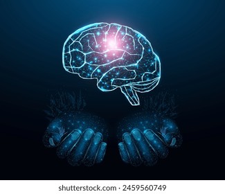 Two human hands are holds human brain. Support healthy brain concept. Wireframe glowing low poly design on dark blue background. Abstract futuristic vector illustration.