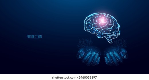 Two human hands are holds human brain. Support healthy brain concept. Wireframe glowing low poly design on dark blue background. Abstract futuristic vector illustration.