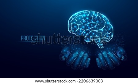 Two human hands are holds human brain. Support healthy brain concept. Wireframe glowing low poly design on dark blue background. Abstract futuristic vector illustration.