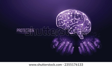 Two human hands are holds human brain. Support healthy brain concept. Wireframe glowing low poly design on dark background. Abstract futuristic vector illustration