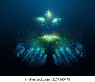 Two human hands are holds green sprout. Glowing low poly hands and plant on dark blue background. Wireframe low poly design. Abstract futuristic vector illustration.   